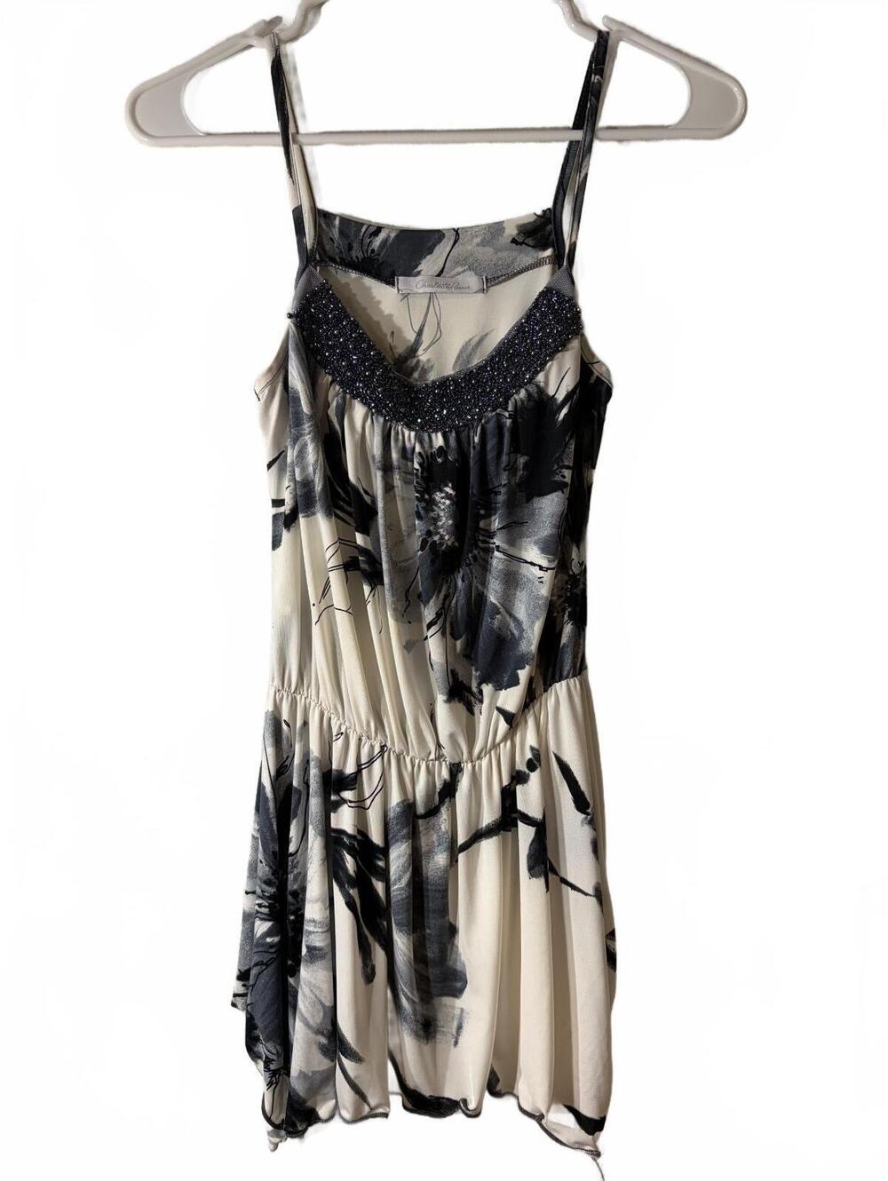 Vtg Charlotte Russe Beaded Black and White Floral Spaghetti Strap Dress Size S